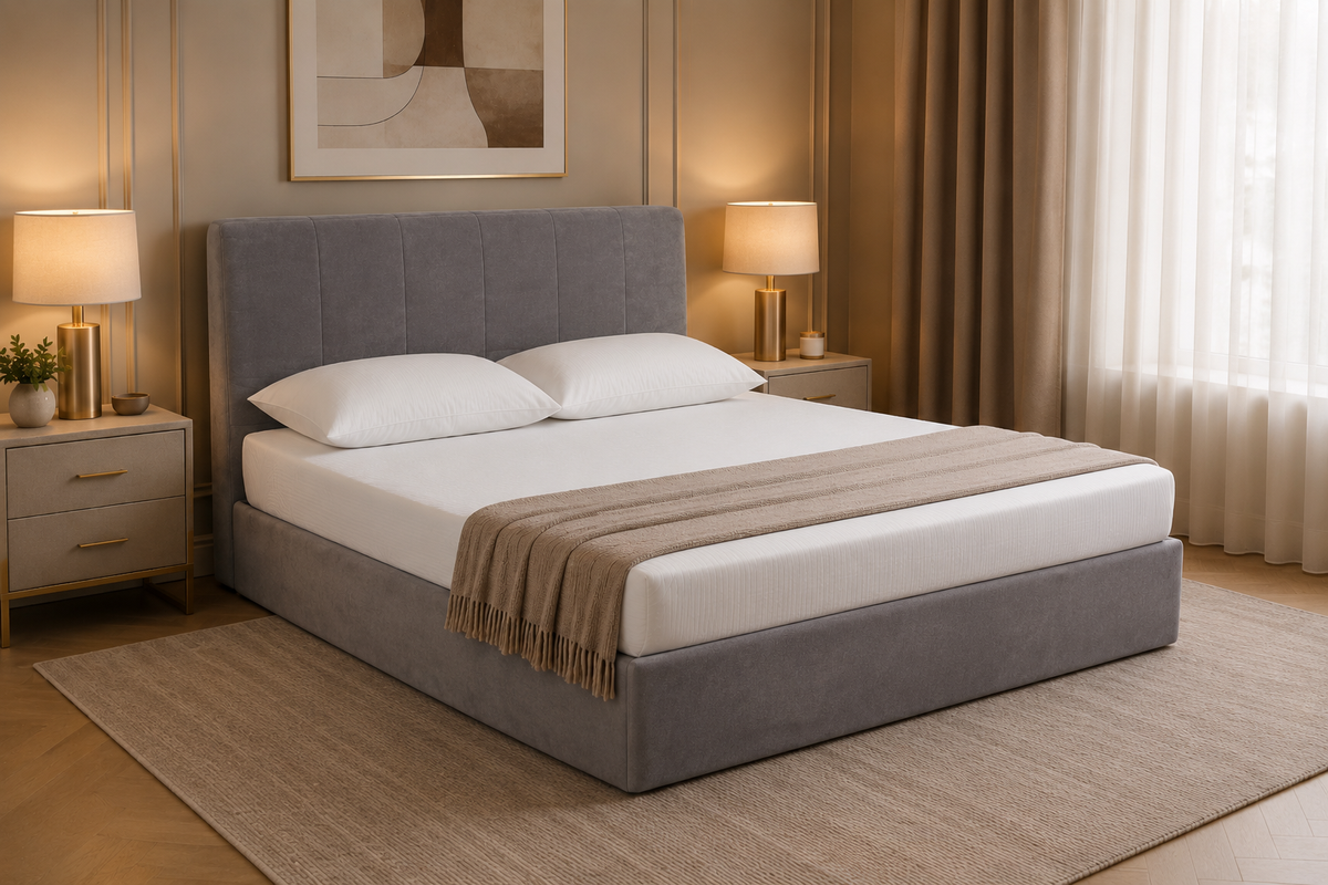 Lit OLCODREAM modèle 907, tête de lit à larges bandes verticales, coloris Bleu Brume